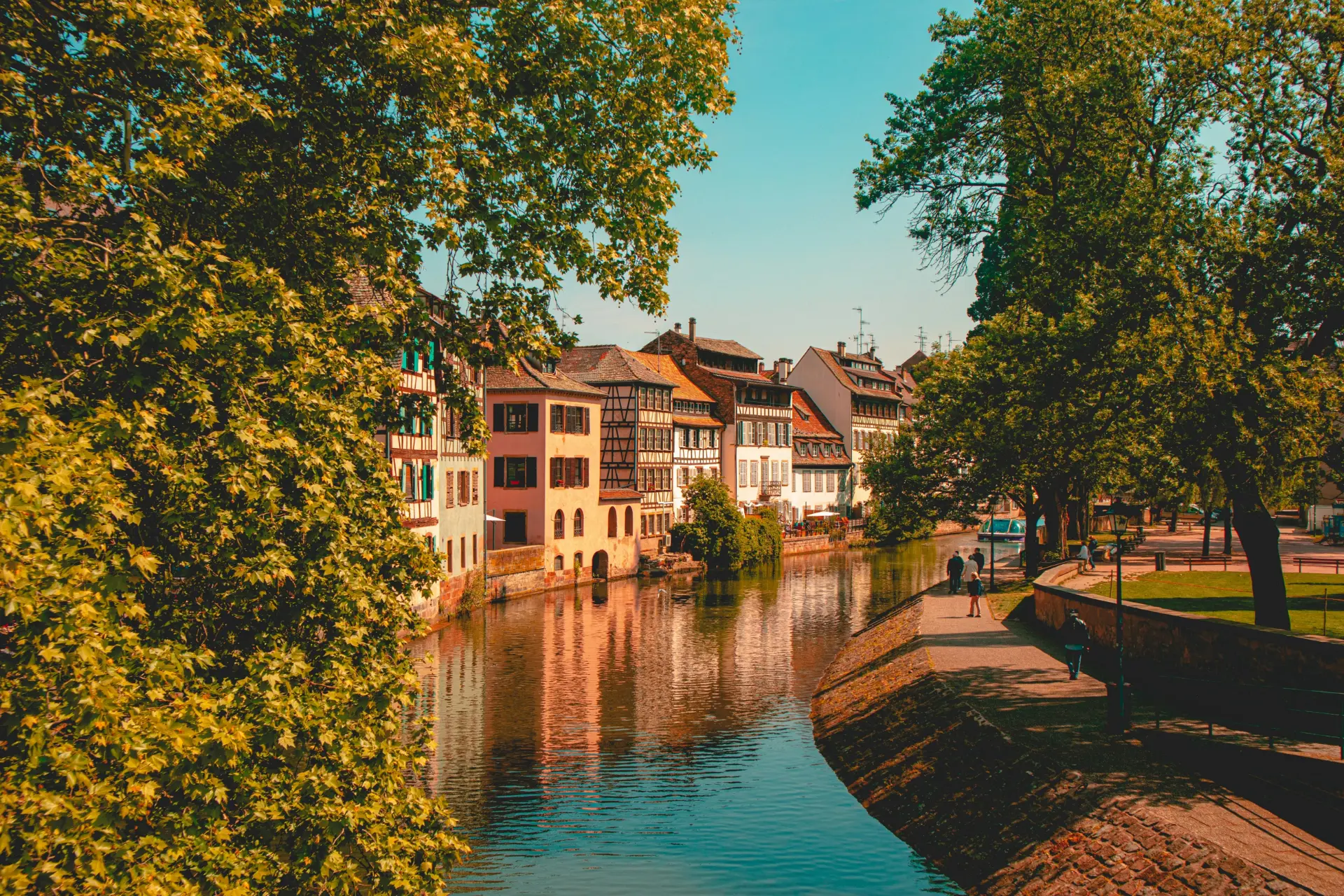Canal lined with half-timbered houses in Strasbourg