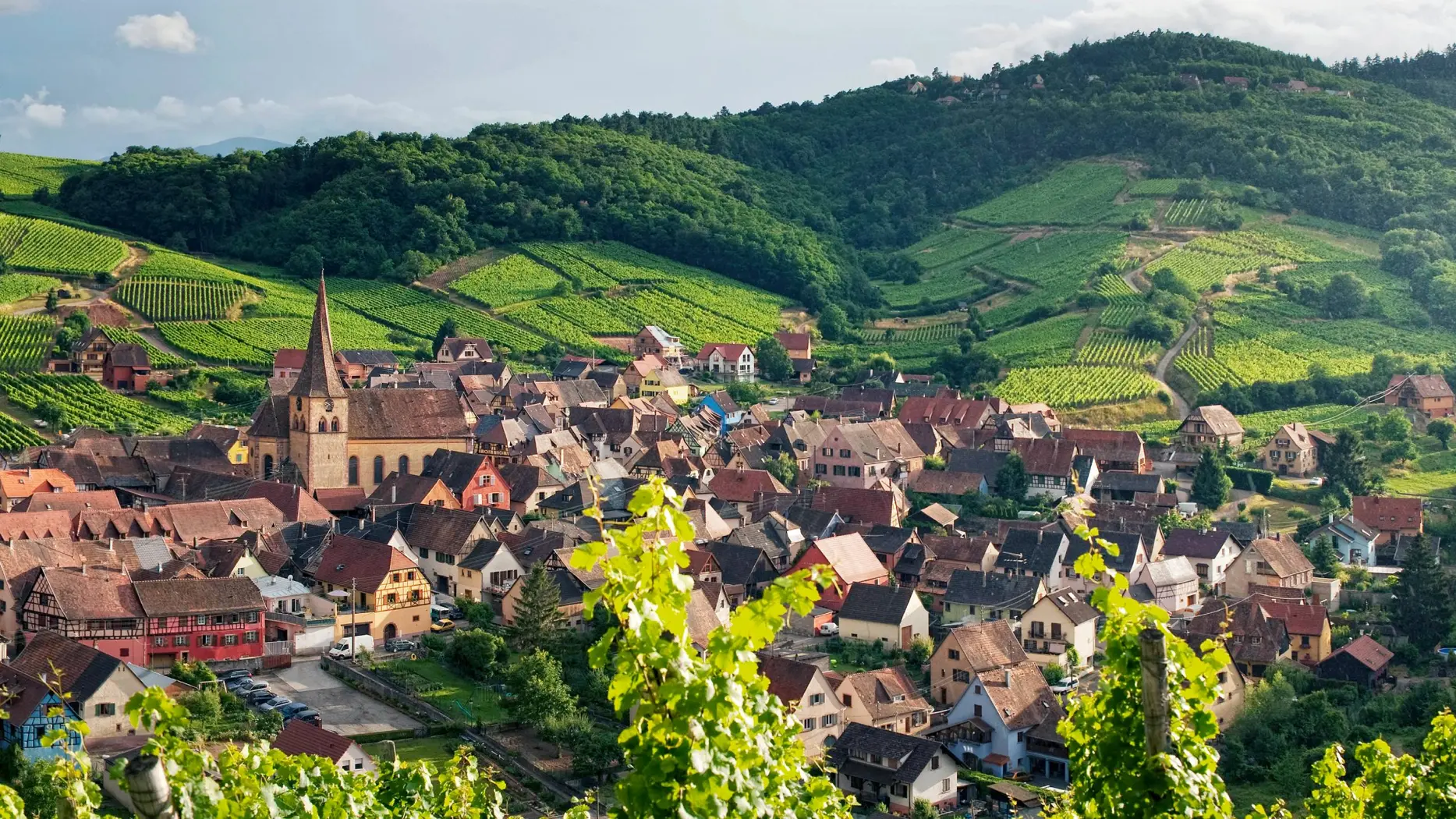 Alsatian village square with town hall and half-timbered houses